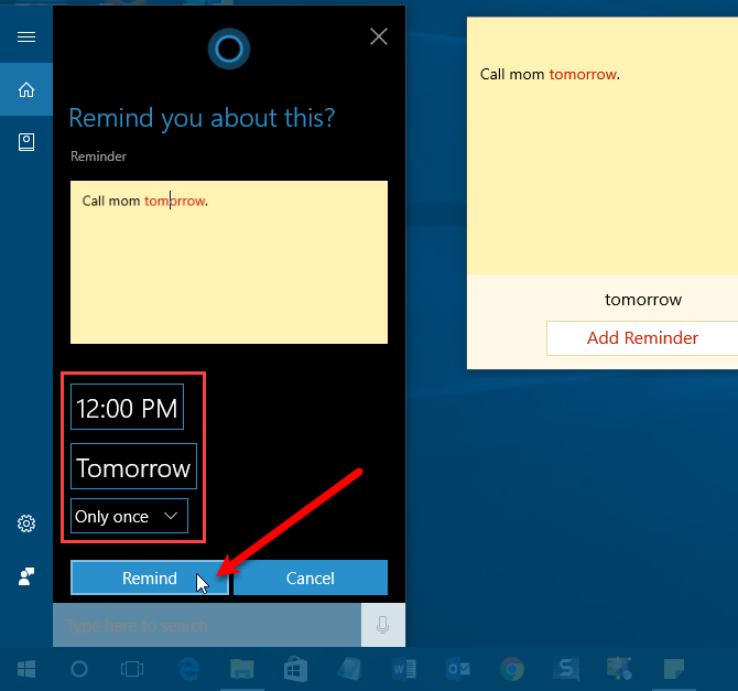 windows ink cortana reminder