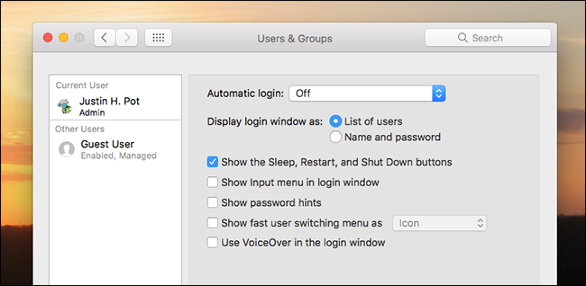 Окно настроек параметров входа