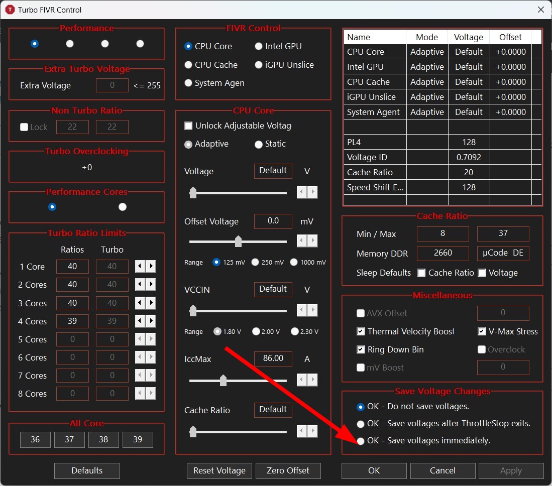 Снимок: опция сохранения напряжений в ThrottleStop