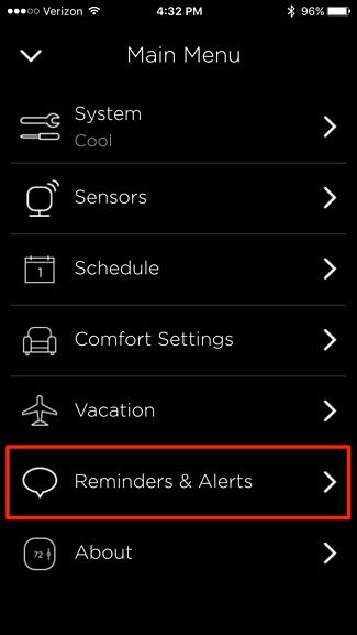 Пункт меню Reminders & Alerts выделен в приложении Ecobee