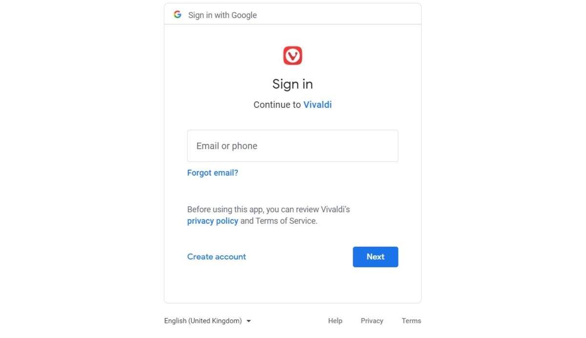 Окно входа с OAuth для авторизации почты в Vivaldi