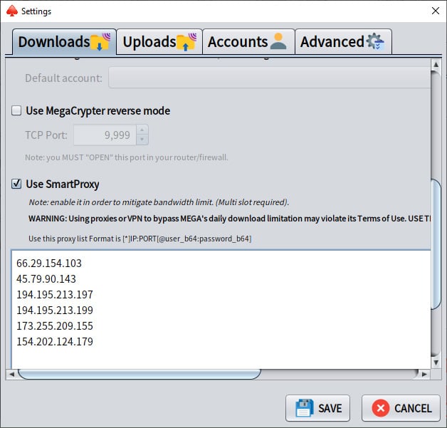 MegaBasterd의 Use SmartProxy 옵션 활성화 스크린샷