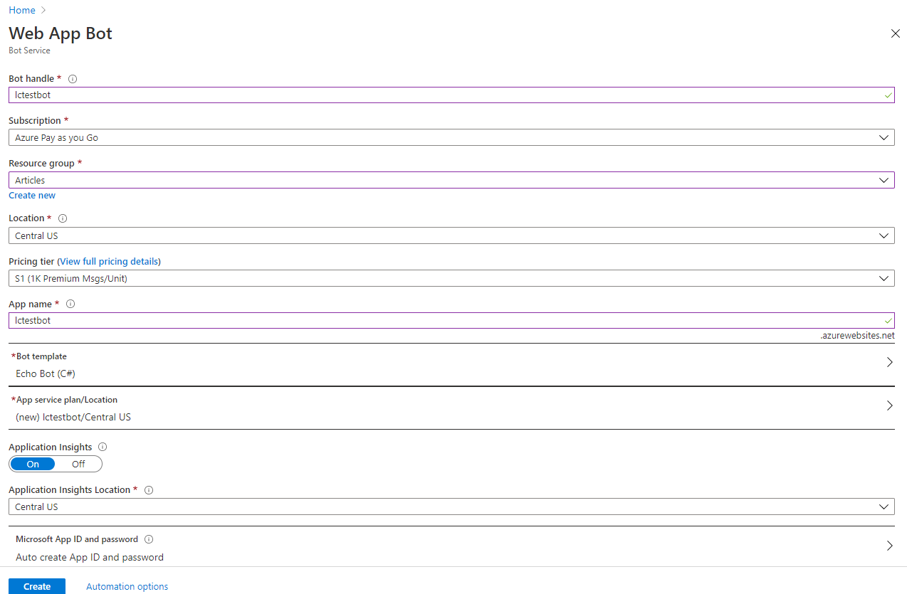 Мастер создания Web App Bot в Azure