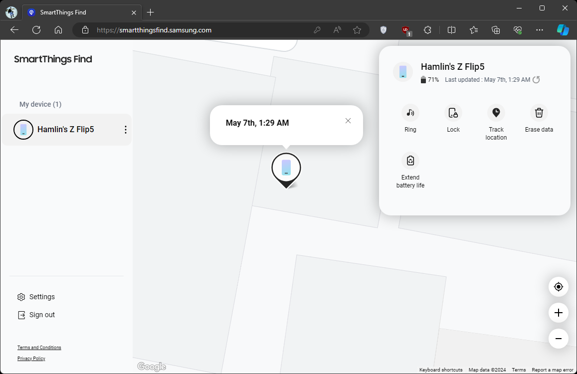 Сайт Samsung SmartThings Find с отмеченным местоположением телефона Galaxy