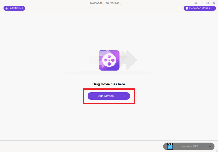 Добавить фильм в M4VGear: окно с кнопкой Add Movies и списком
