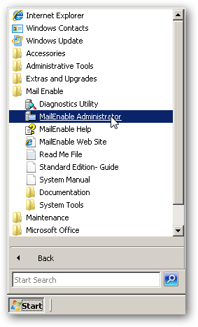 Запуск MailEnable Administrator из меню Пуск