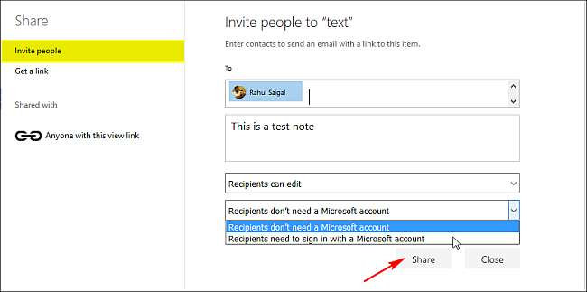 Скриншот: приглашение людей с запросом входа в учётную запись Microsoft