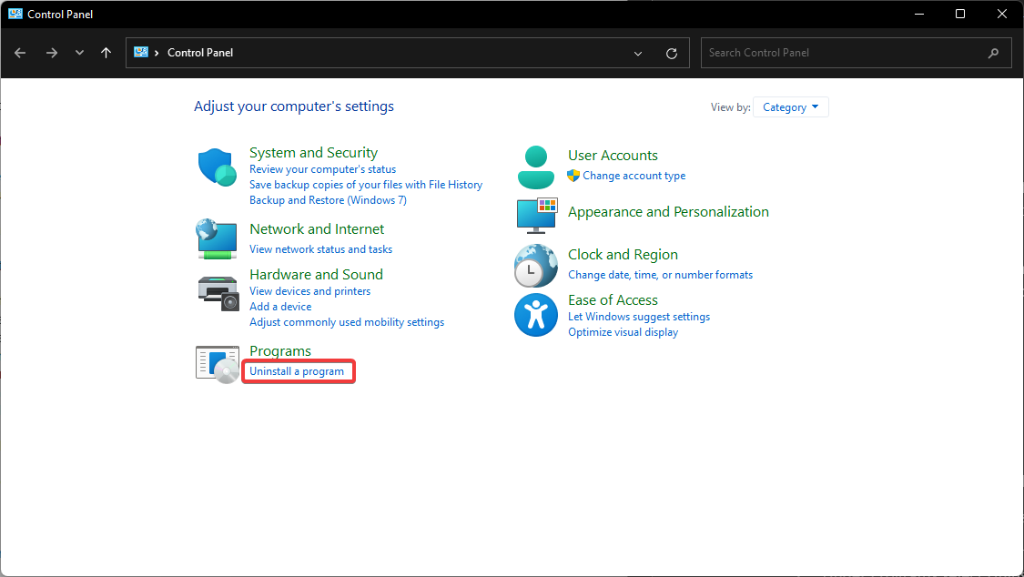 Панель управления — удаление программ.