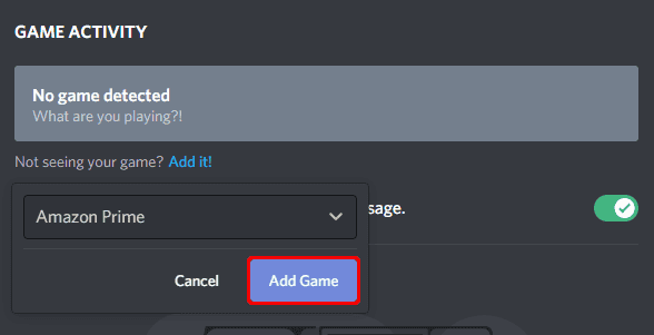 Выбор Amazon Prime в списке приложений Discord