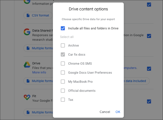 Выбор папок Google Drive для экспорта