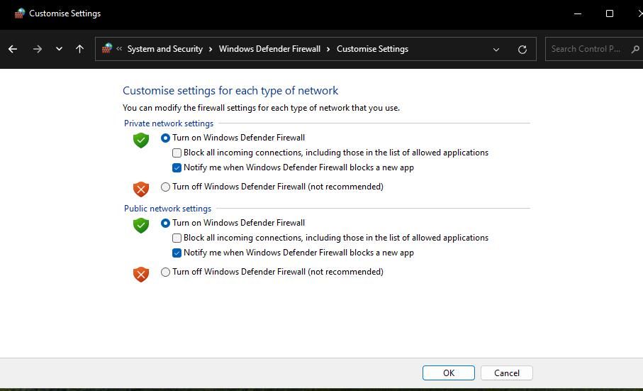 Параметры отключения брандмауэра Защитника Windows
