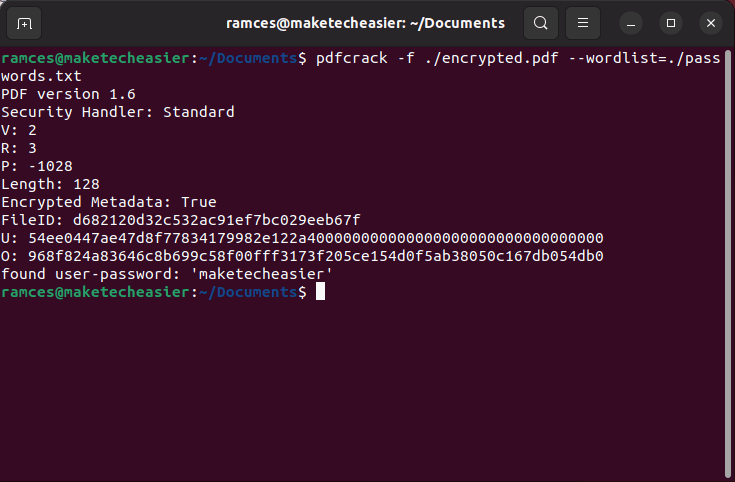 pdfcrack с файлом словаря