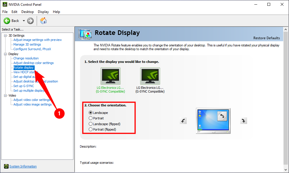 В панели NVIDIA выберите «Повернуть дисплей», затем укажите ориентацию.
