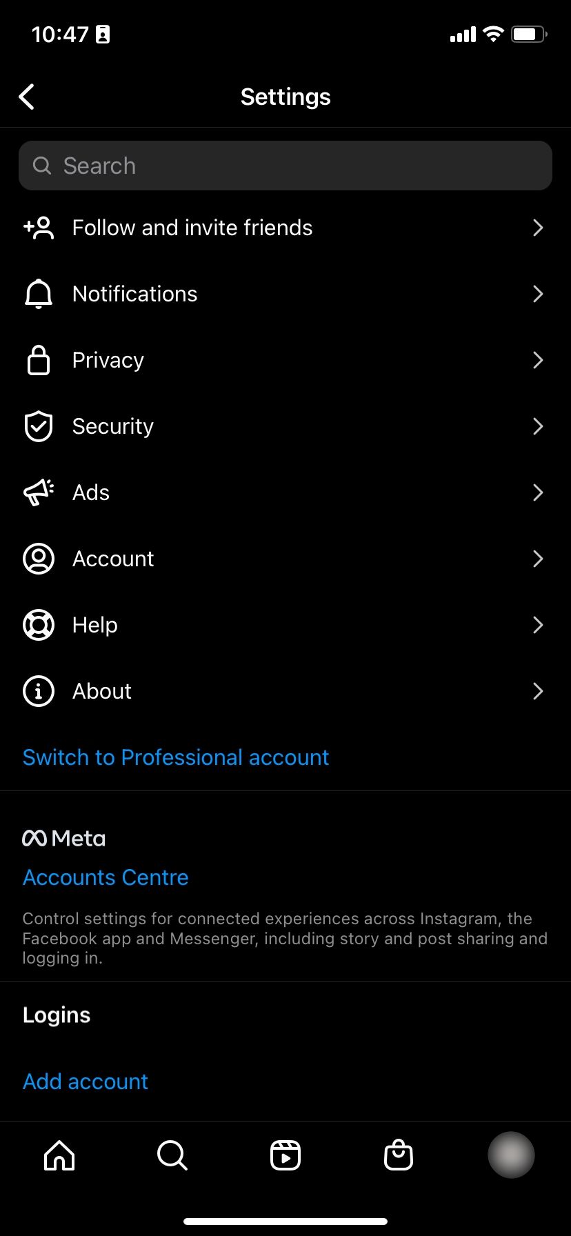 Скриншот страницы настроек аккаунта Instagram