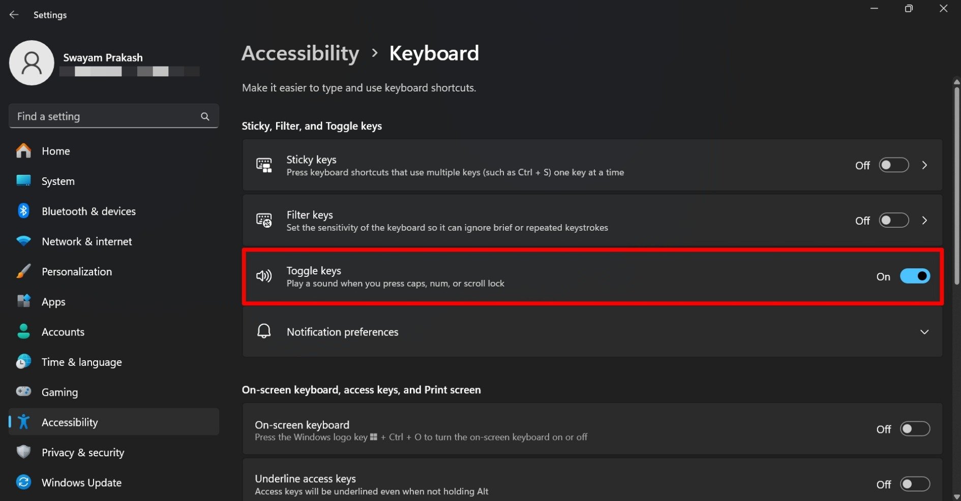 Включение звукового оповещения Toggle Keys в Windows 11