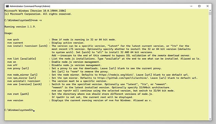 Запуск nvm на Windows 10