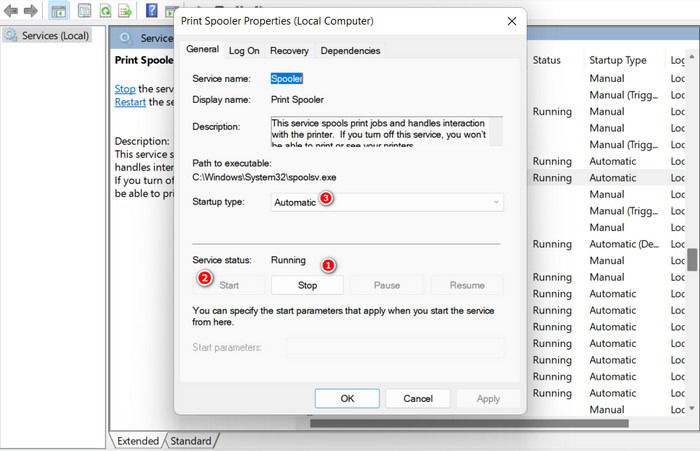 Параметры службы Print Spooler: установка типа запуска на «Автоматически»