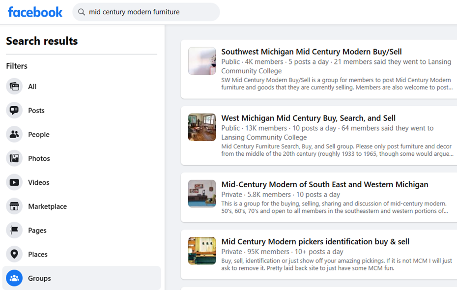 Экран группы Facebook с объявлениями.