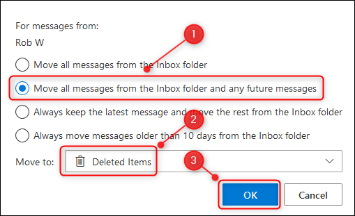 Панель Sweep в веб‑интерфейсе Outlook