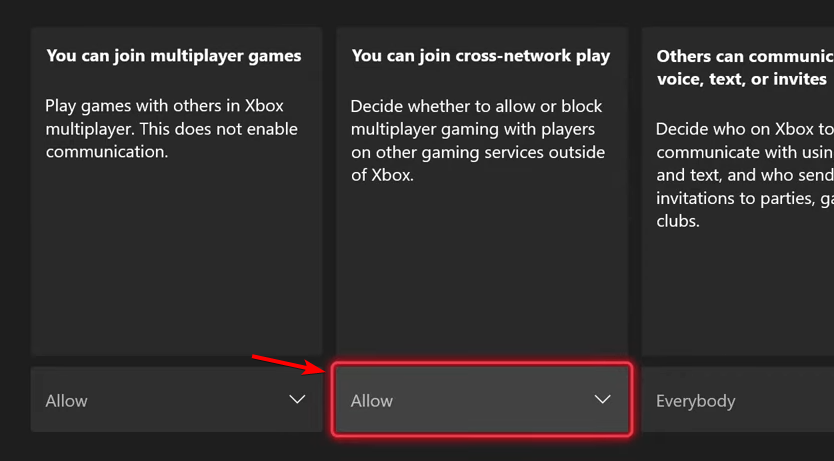 Опция блокировки кросс-сетевой игры в настройках Xbox