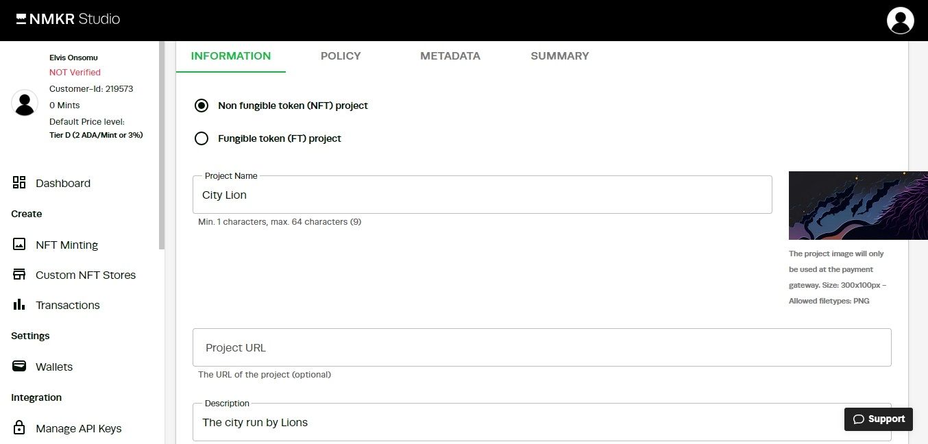 Скриншот NMKR: форма информации проекта