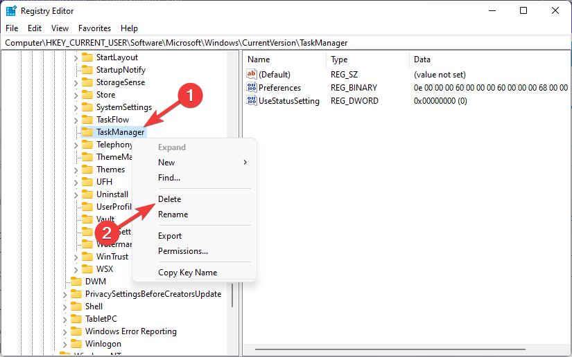Удаление ключа TaskManager в реестре для сброса настроек