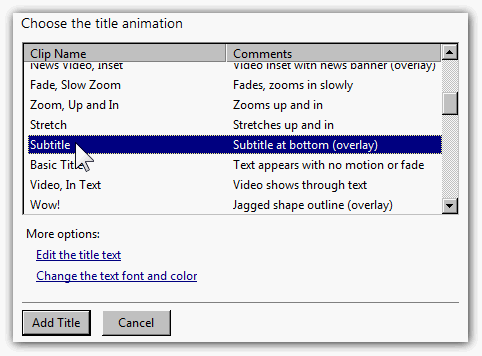 Выбор анимации заголовка — опция 'Субтитр'