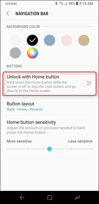Скриншот: опция разблокировки по кнопке «Домой»