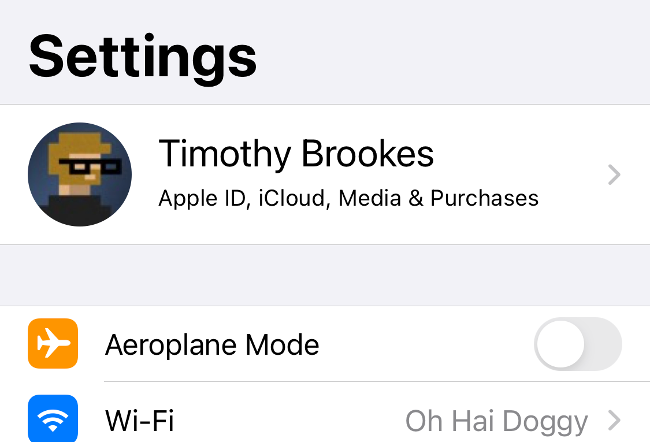 Экран настроек Apple ID с именем пользователя сверху