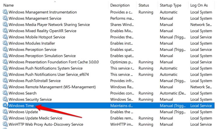 Служба Windows Time в списке