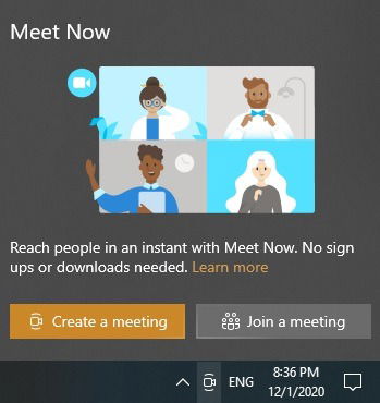 Параметры панели задач для Meet Now