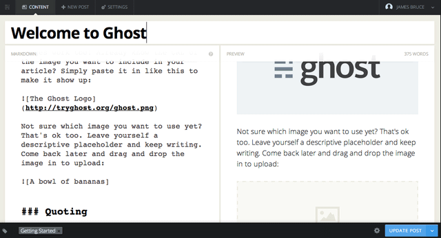 Интерфейс редактора Ghost с панелью Markdown и превью