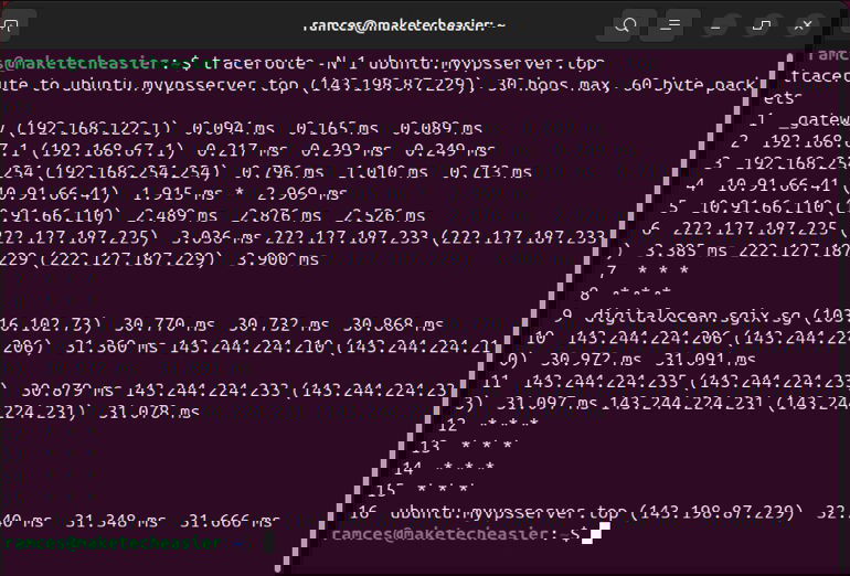 Терминал: traceroute с однопоточными запросами (-N 1)
