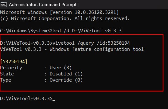 Проверка состояния фичи в ViVeTool через команду /query