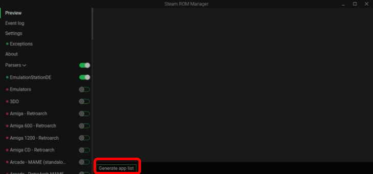 Кнопка Generate App List для создания списка найденных игр