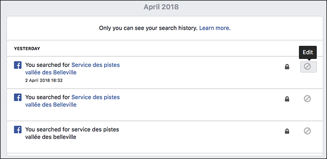 кнопка Изменить рядом с записью истории поиска