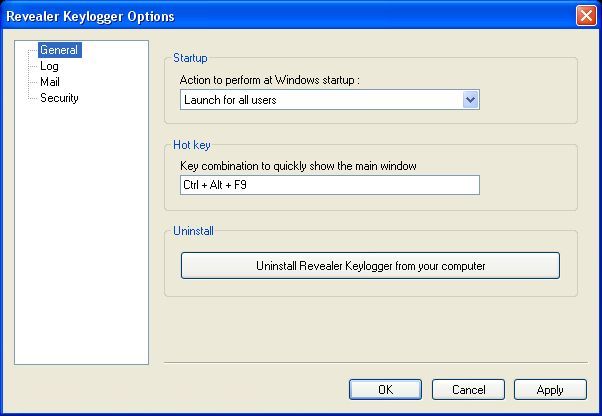 Окно настройки кейлоггера Revealer