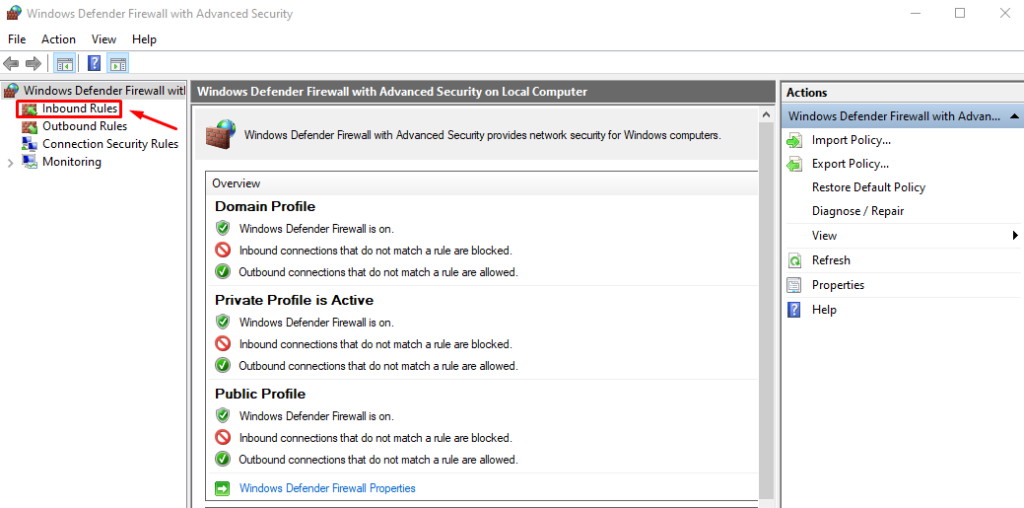 Правила для входящих подключений
