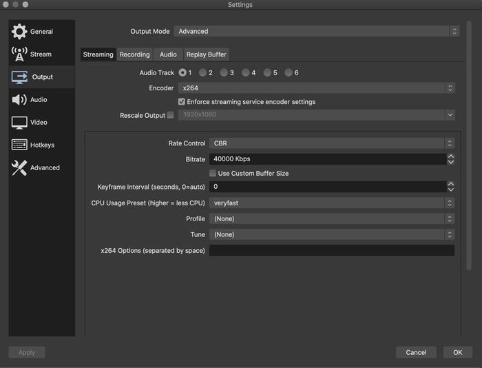 как транслировать на youtube с mac через obs - obs output settings 1 2