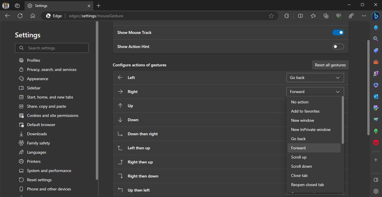 Опция Право в Edge