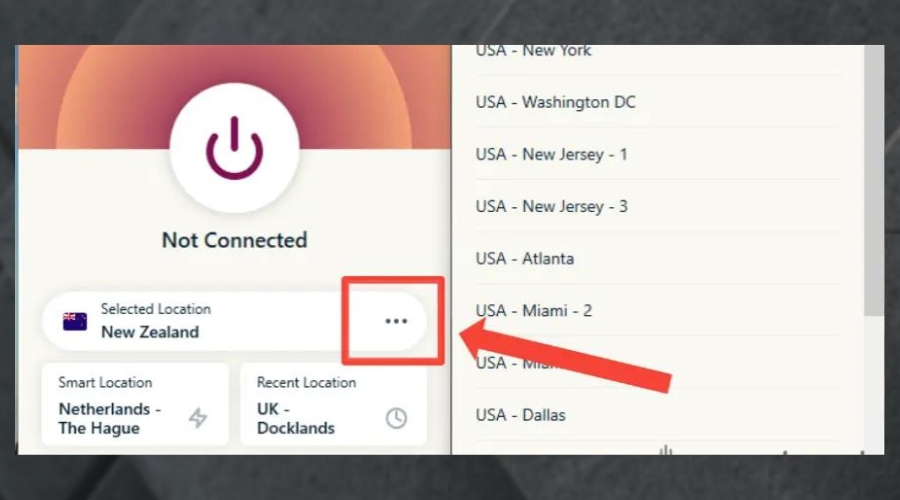 Смена сервера в приложении ExpressVPN