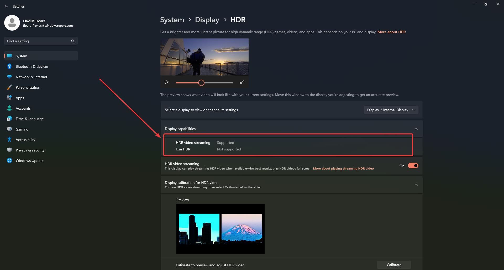 Панель параметров HDR в Windows 11