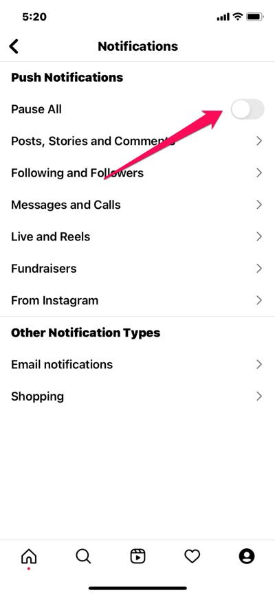 Esempio pausa notifiche disattivata