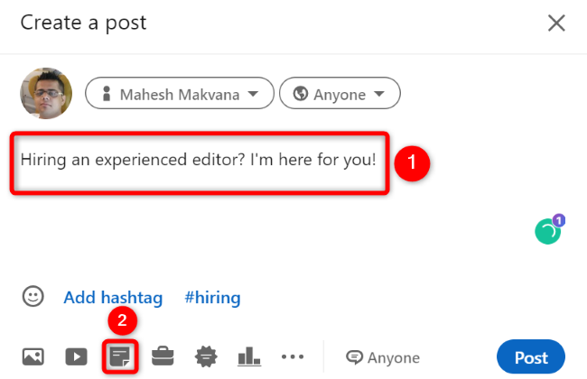 Напишите текст поста и нажмите «Добавить документ».