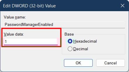 Установка значения 1 для включения