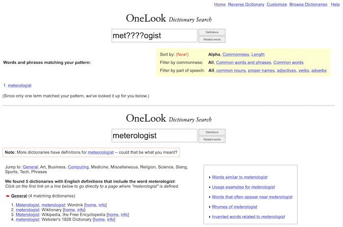 Иллюстрация поиска слова по маске, пример meteorologist