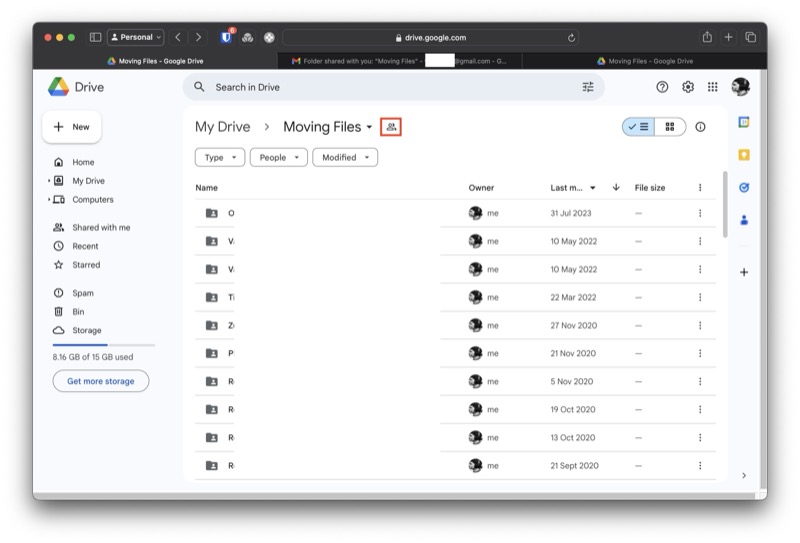 открытие окна совместного доступа к папке