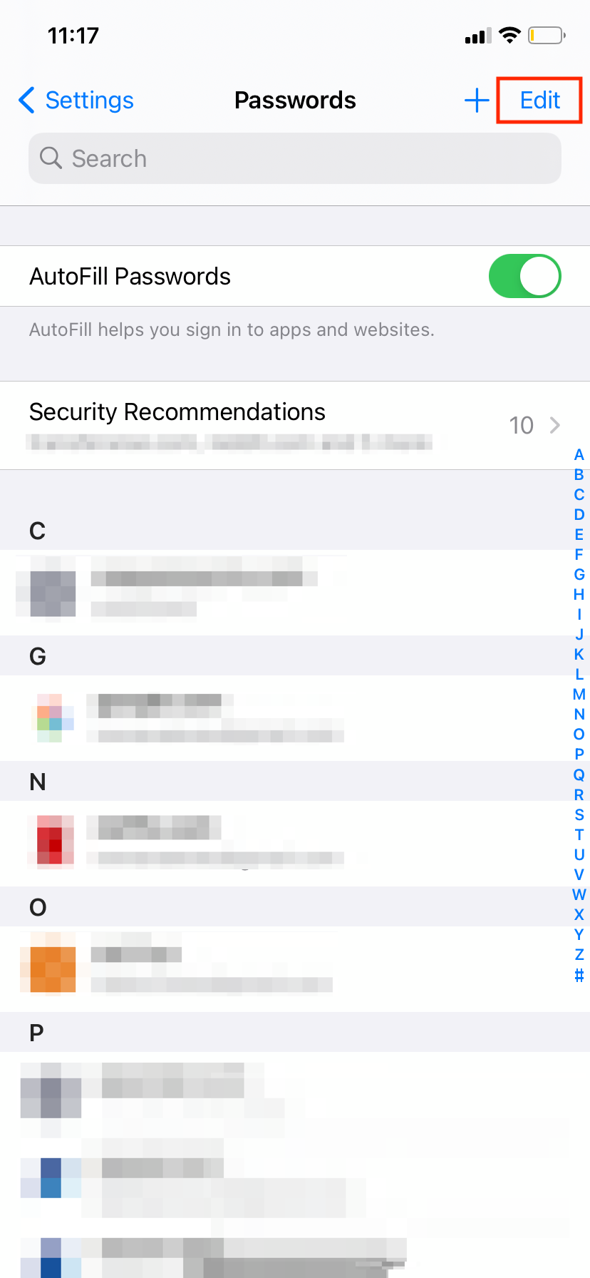 Режим редактирования паролей