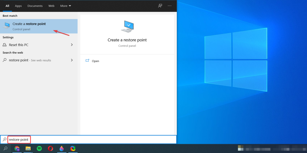 Запуск восстановления системы через поиск Windows