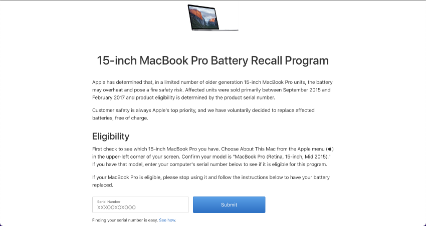Скриншот страницы отзыва батарей MacBook Pro 2015